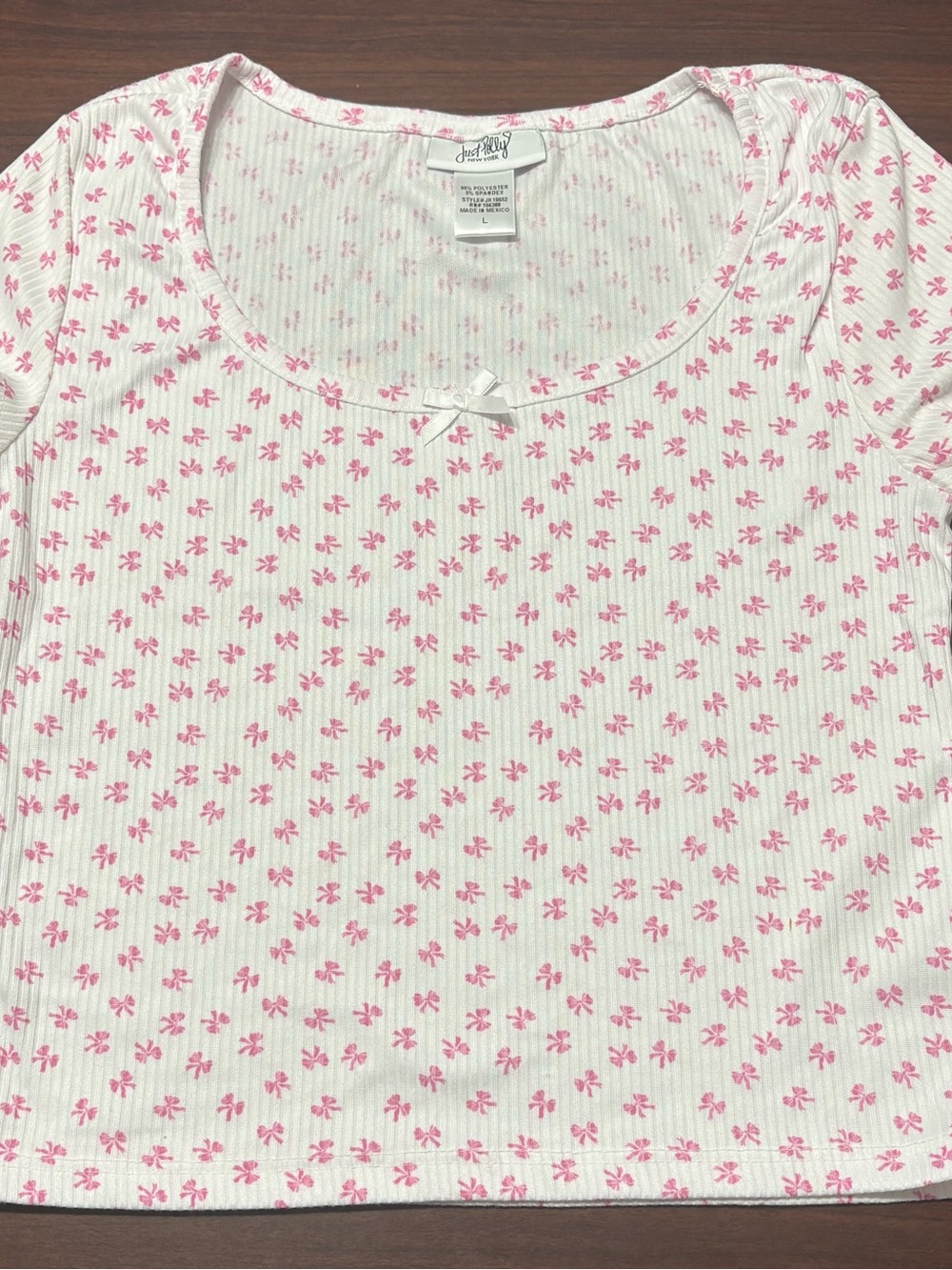 Just Polly Coquette Pink Bow Print Ribbed Scoop Neck Short Sleeve Top Size L